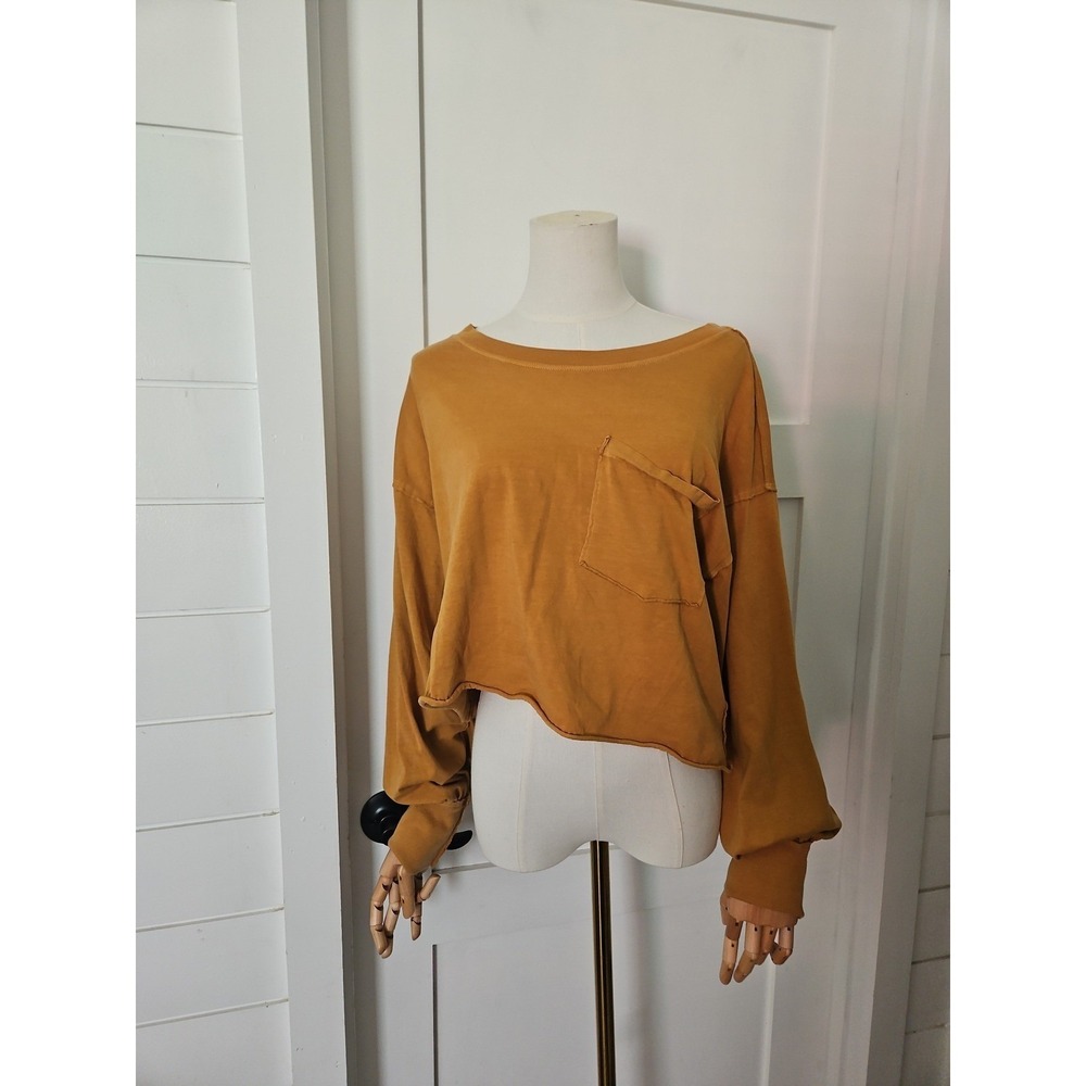 Free People Mustard Cropped Long-Sleeve Pocket Top